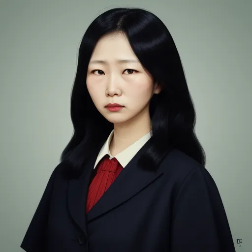 ai image creator from text - a woman with long black hair wearing a red tie and a black jacket with a white collar and collar, by Liu Ye