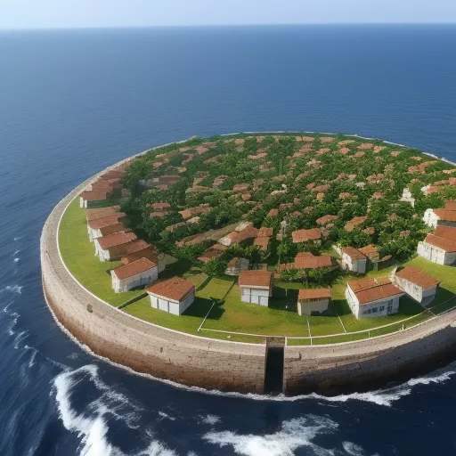 a small island with a lot of houses on it in the middle of the ocean with a boat in the water, by Frédéric Bazille