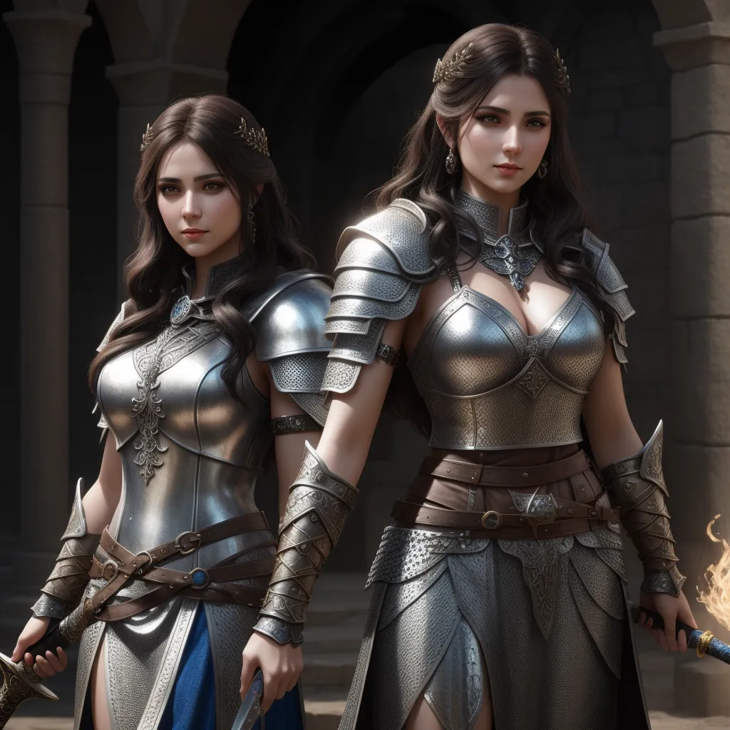 two women dressed in armor holding swords and fire in their hands, both of them are standing in front of a stone building, by Edith Lawrence