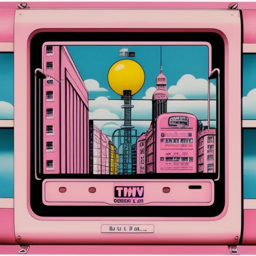 ai created images - a pink tv with a yellow ball on top of it's screen and buildings in the background with clouds, by Hariton Pushwagner