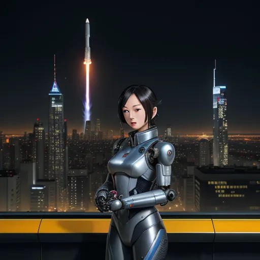 a woman in a futuristic suit standing in front of a city at night with a rocket in the background, by Terada Katsuya