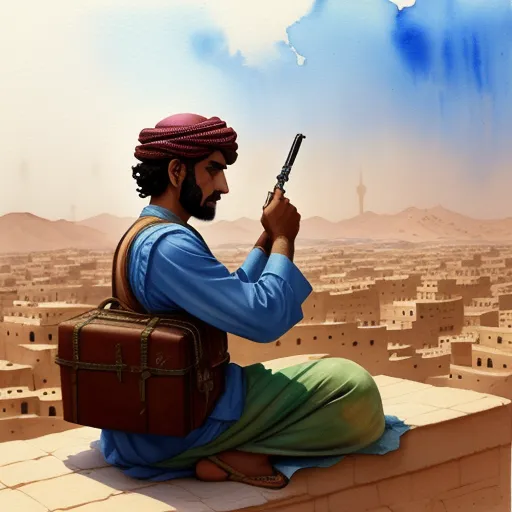 a man sitting on a ledge with a gun in his hand and a desert city in the background with blue smoke, by Jean-Léon Gérôme