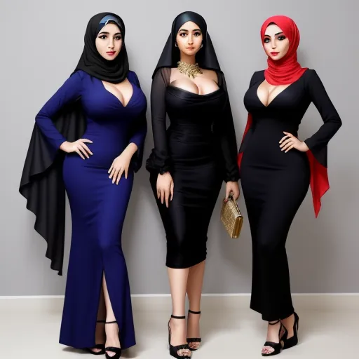 imagesize converter - three women in black and blue dresses standing next to each other with their hands on their hipss and wearing hijabs, by Hendrik van Steenwijk I