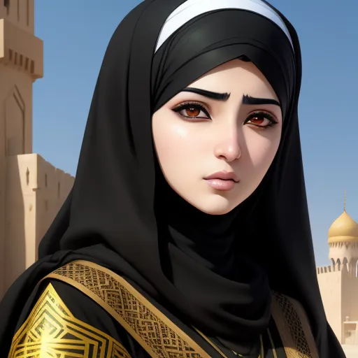 a woman in a black and gold outfit with a white head scarf and a golden and black scarf on, by Daniela Uhlig