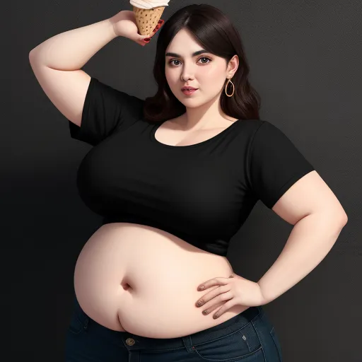 best free text to image ai - a woman with a large belly holding a cupcake in her hand and posing for a picture with her hands on her hips, by Fernando Botero