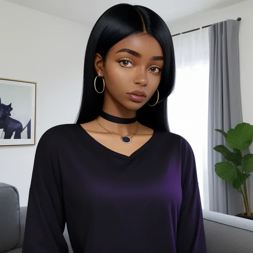 how to fix low resolution photos - a woman with long black hair wearing a choker and a black top in a living room with a plant, by Sailor Moon