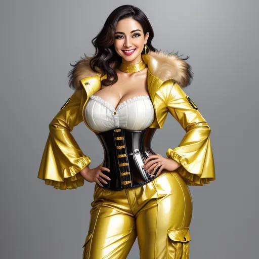 a woman in a gold outfit with a fur collar and cuffs on her chest and chest, posing for a picture, by Hirohiko Araki