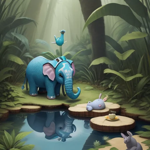 a blue elephant and a blue bird are in a jungle setting with a pond and stepping stones in the foreground, by Richard Doyle