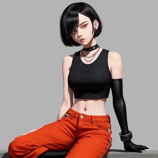 a woman with black hair and a black top sitting on a ledge wearing orange pants and black gloves and a black choker, by Chen Daofu