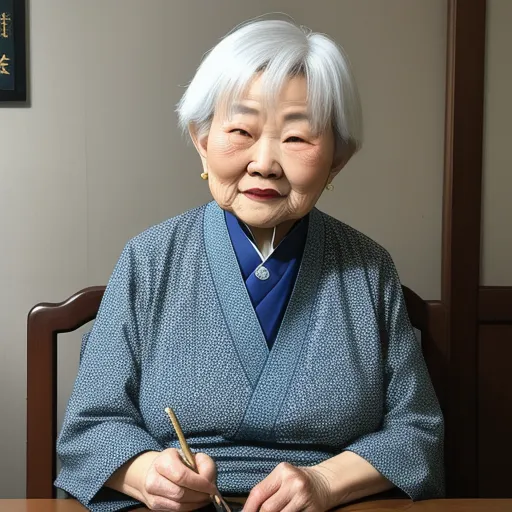 an old woman sitting at a table with a pen and paper in her hand and a pen in her other hand, by Rumiko Takahashi