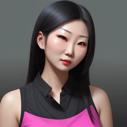 a woman with long black hair and a pink shirt on a gray background with a black collared shirt, by Chen Daofu