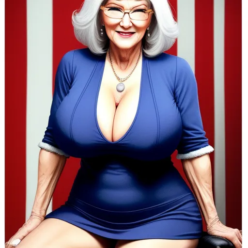 a woman in a blue dress with glasses on her head and a big breast sitting in front of a flag, by David LaChapelle