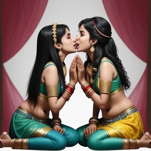 two women sitting on the ground kissing each other with their hands together and a curtain behind them behind them, by Raja Ravi Varma