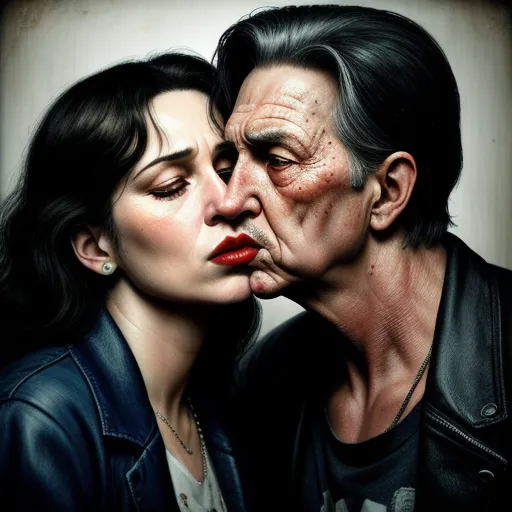 ai text image - a painting of a man kissing a woman's face with blood on her cheek and a woman's face covered in makeup, by Gottfried Helnwein