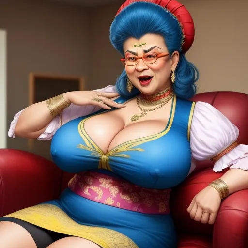 a woman in a blue dress and red headband sitting on a red chair with her hands on her hips, by Akira Toriyama