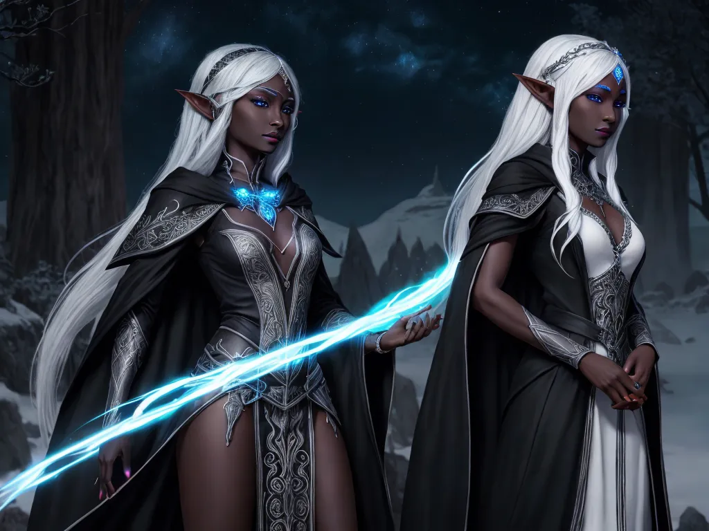 ai text image - two women dressed in white and black with blue lights in their hands and a sword in their hand, standing in front of a snowy forest, by Antonio J. Manzanedo