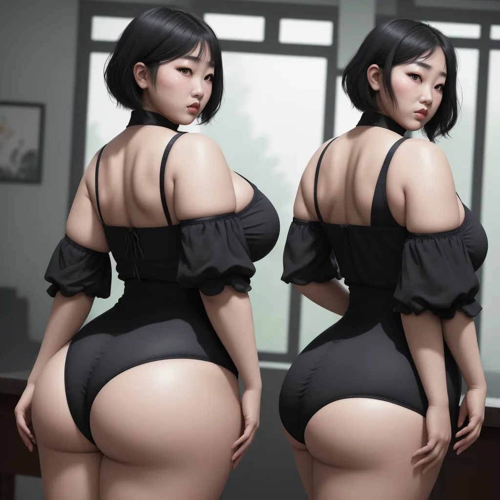a woman in a black dress is standing in front of a mirror and looking at her butts and butts, by Terada Katsuya