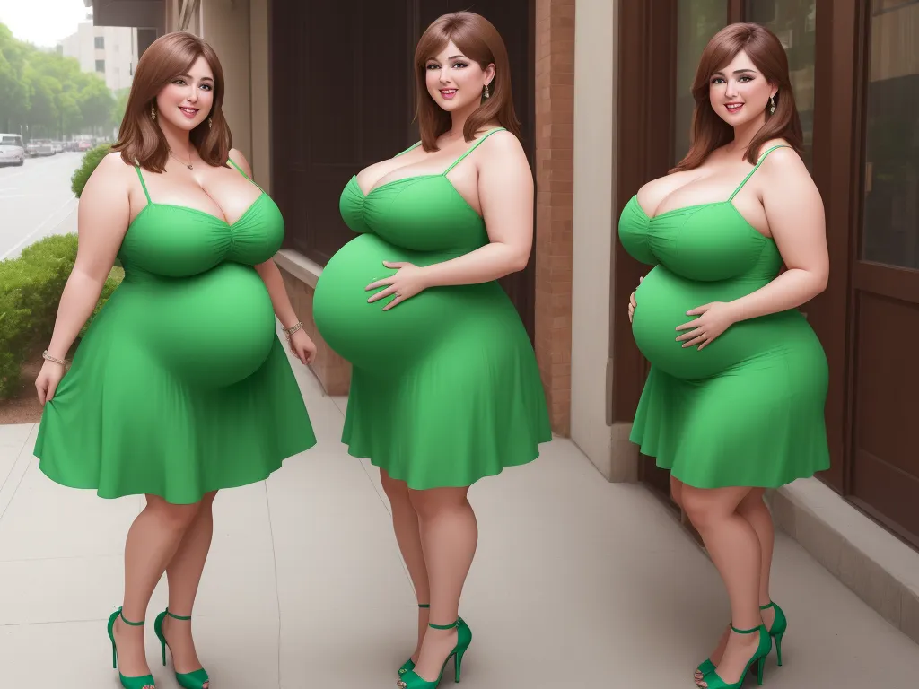 photo images - a woman in a green dress is standing outside of a building and posing for a picture with her pregnant belly, by Botero
