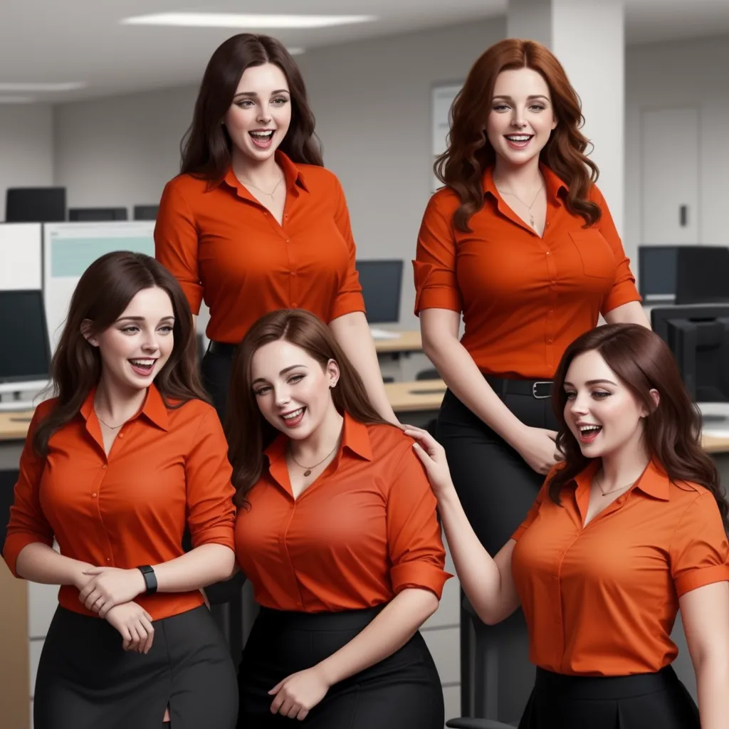 a group of women in orange shirts posing for a picture in an office setting with computers and desks, by Dan Smith