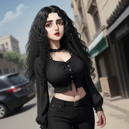 a woman with long black hair and a black shirt on a street corner with a car in the background, by Sailor Moon