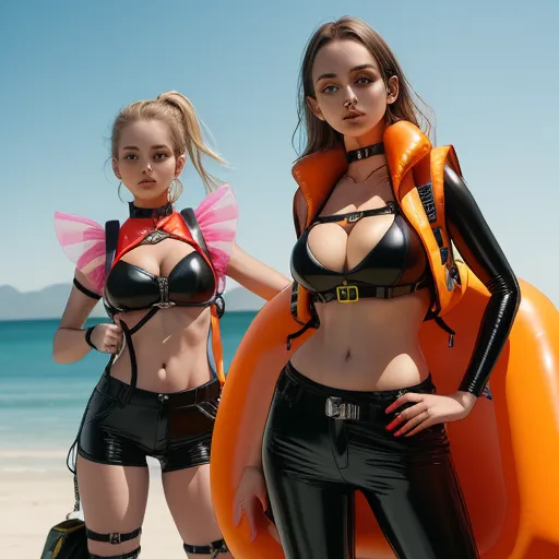 two women in black and orange outfits on a beach with a lifeguards lifeguards and a lifeguard, by Terada Katsuya