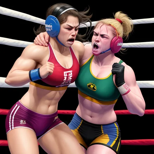 two women in wrestling outfits are fighting in a ring with ropes and ropes behind them, one of them is wearing headphones, by Daniela Uhlig