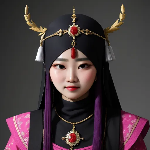 how to fix low resolution photos - a woman in a black and pink outfit with horns and a necklace on her head and a necklace with a red stone, by Chen Daofu