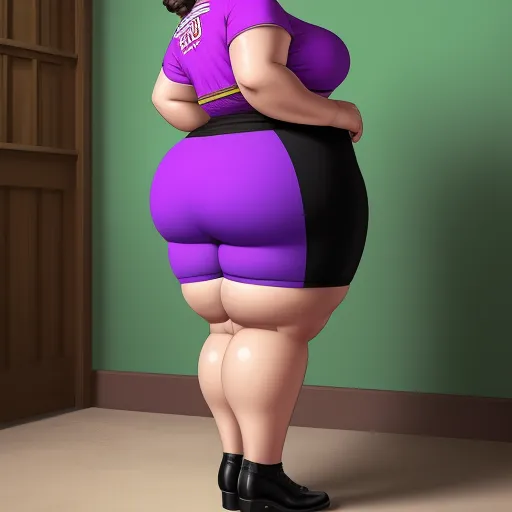 a fat woman in a purple shirt and black skirt standing in a room with a green wall and a door, by Botero