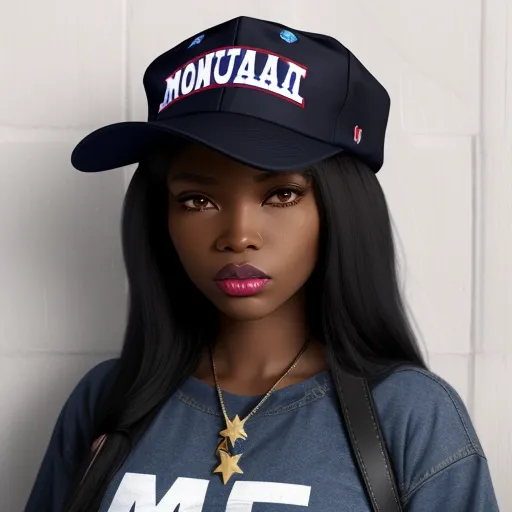 a woman wearing a hat and a blue shirt with the word montana on it, standing against a white wall, by Daniela Uhlig