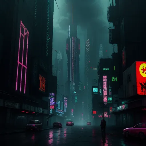 a city street with neon lights and neon signs on the buildings and cars on the street at night time, by Liam Wong