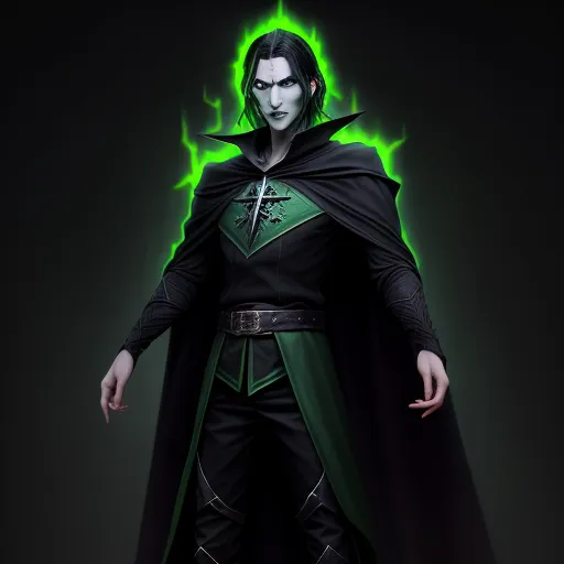 a man dressed in a green and black outfit with a sword in his hand and a green light behind him, by George Manson