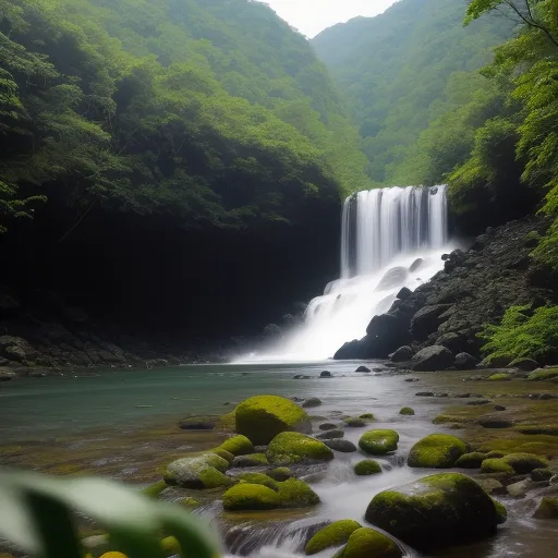 a waterfall with a waterfall surrounded by green trees and rocks in the water with moss growing on the rocks, by Yoshiyuki Tomino