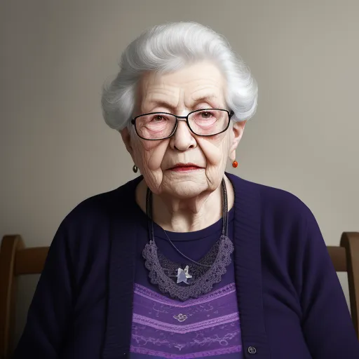 an older woman wearing glasses and a purple sweater is sitting in a chair and looking at the camera with a serious look on her face, by Alec Soth