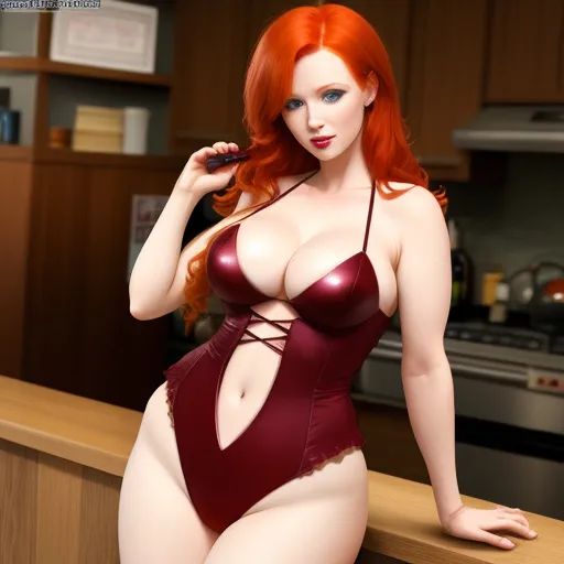 best image ai - a woman in a red lingerie poses for a picture in a kitchen with a counter top and cabinets, by Terada Katsuya