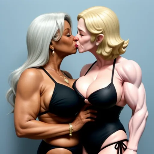 a woman in a black bikini kissing a man in a black bikini with a blonde hair and a big breast, by David LaChapelle