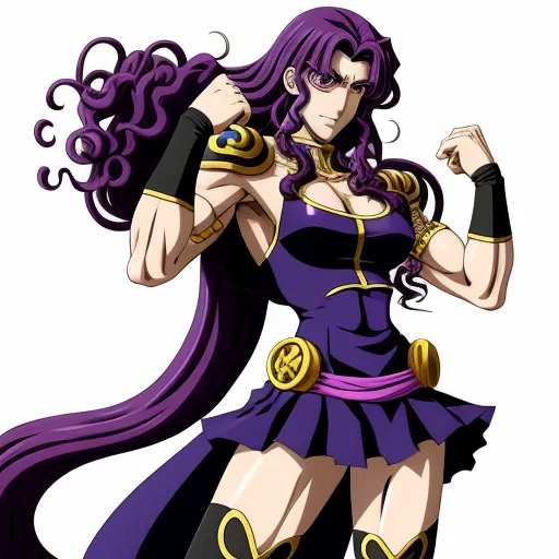 a woman in a purple dress with long hair and a purple outfit with gold accents on her chest and arms, by Hirohiko Araki