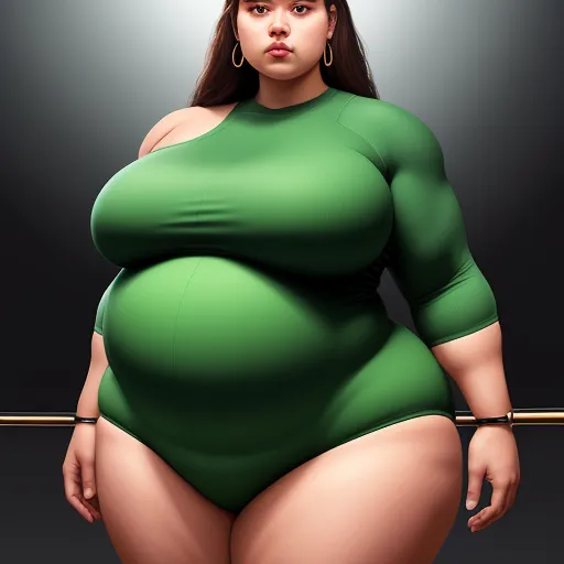 word to image generator ai - a woman in a green bodysuit posing for a picture with a bar in the background and a spotlight behind her, by Botero