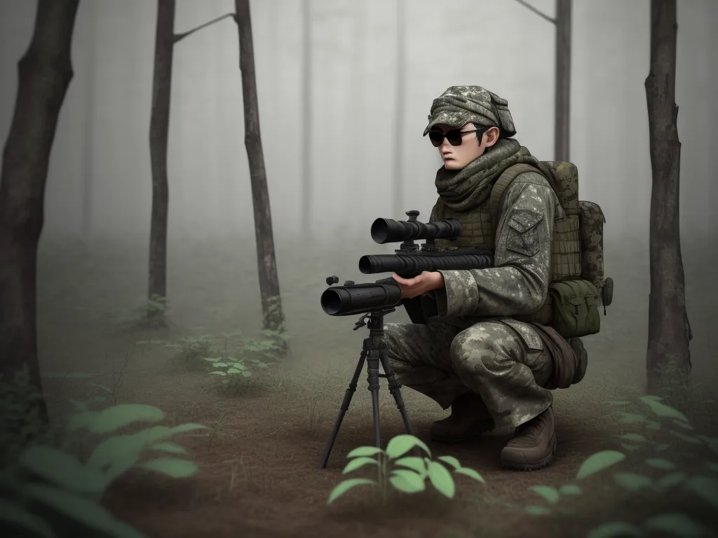 a man in camouflage holding a rifle and a scope in a forest with foggy trees and foggy sky, by Chen Daofu