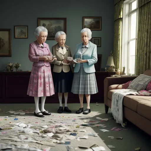 three women standing in a room with a pile of trash on the floor and a couch in the background, by Amandine Van Ray