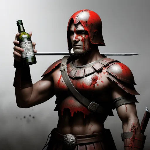 a man in a red helmet holding a bottle of beer and a knife in his hand with blood all over his body, by Gavin Hamilton