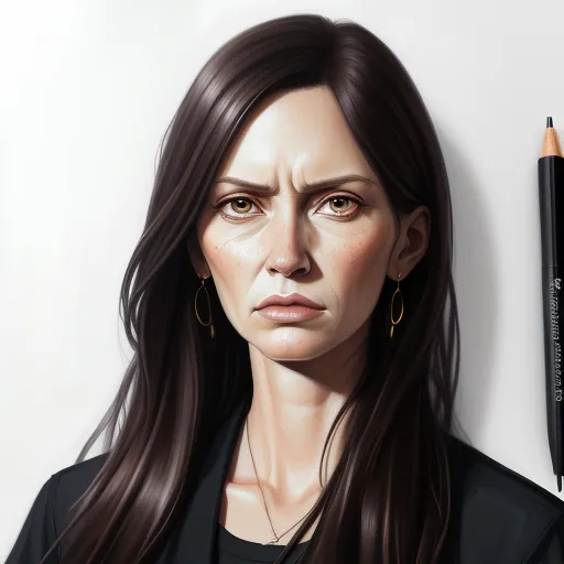 a woman with long hair and a black shirt is next to a pencil and a drawing of a woman with long hair, by Lois van Baarle