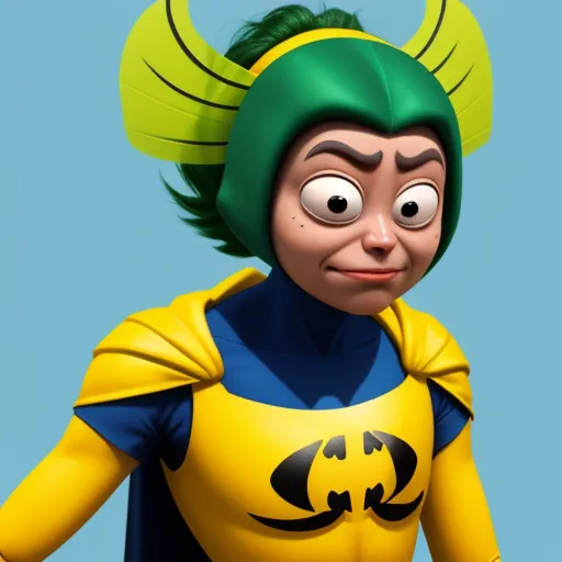 ai text to image generator - a cartoon character with green hair and a yellow outfit with a black and blue cape and a green mohawk, by Os Gemeos