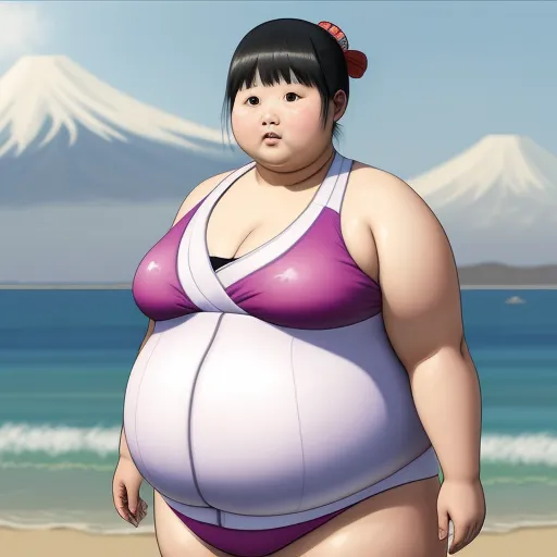 convert photo into 4k - a fat woman in a purple bikini standing on a beach with a mountain in the background and a body of water, by Hirohiko Araki