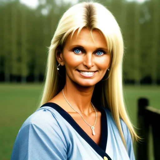 a woman with blonde hair and blue eyes posing for a picture in a park with a fence and trees in the background, by Heinz Edelmann