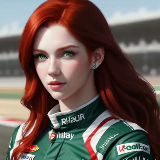 a woman with red hair and green eyes is posing for a picture in a race uniform with a red hair, by E. T. A. Hoffmann