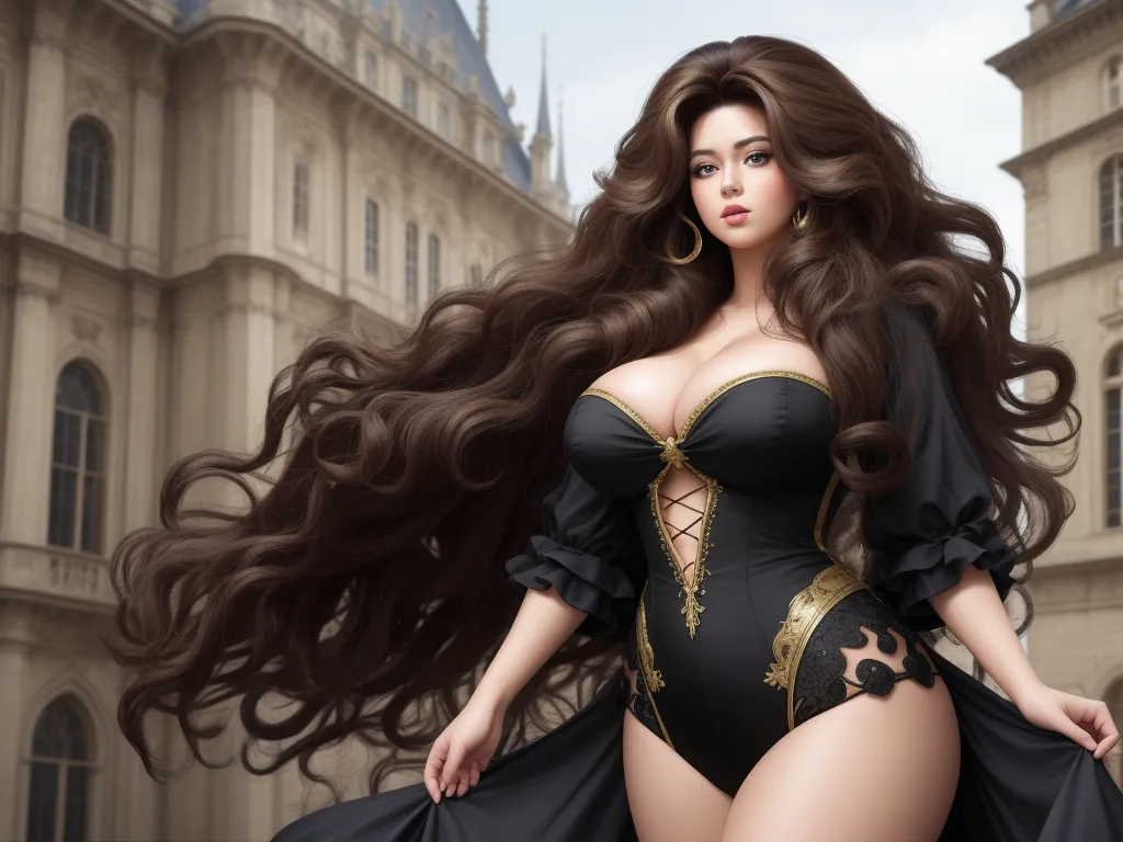 4k picture resolution converter - a woman in a black and gold corset and dress with long hair in front of a castle, by Terada Katsuya