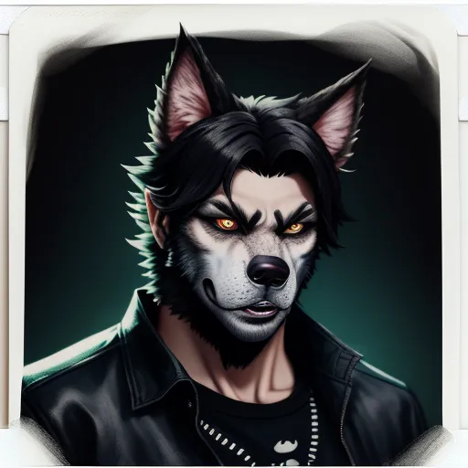 a wolf with a leather jacket and a black shirt on, with a green background and a white border, by Lois van Baarle