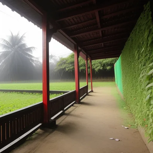 a walkway with a green wall and a green field in the background with trees and grass on both sides, by Andreas Gursky