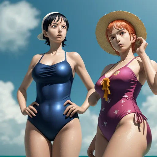 two women in bathing suits standing next to each other on a beach with a sky background and clouds in the background, by Hirohiko Araki