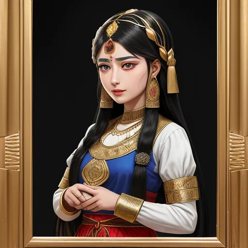 a painting of a woman in a costume with a gold frame on a black background with a gold border, by Chen Daofu
